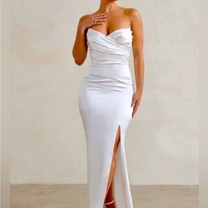 Club L London Strapless White Ruched Bodycon Dress with Front Slit